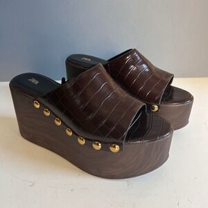 Zara Platform Wedge Mule Sandals women's 8 Studded Brown Croc Festival Rave